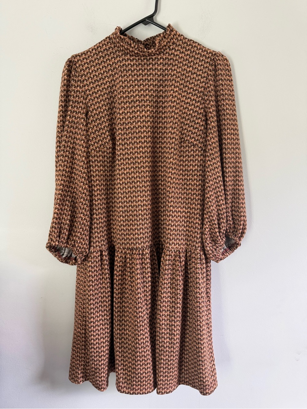 52seven Houndstooth Mockneck Long sleeve Shirt Dress with Dropped Waist Sz M